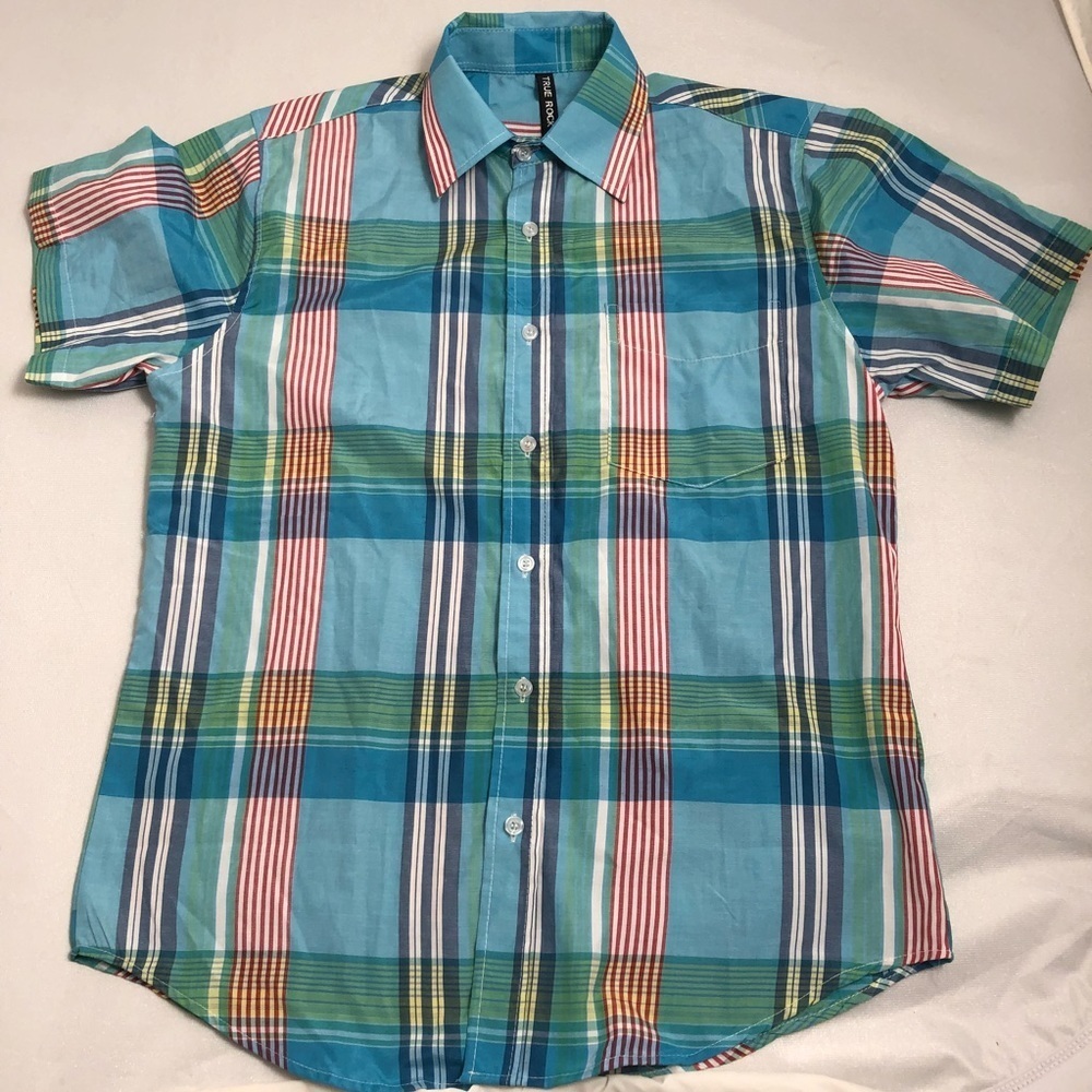 True Rock multicolor plaid short sleeve button down shirt